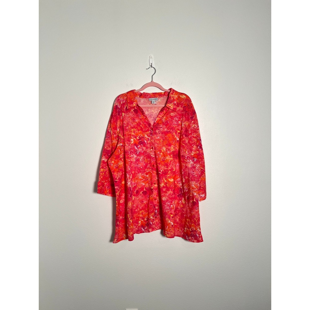 NWOT Catherines Pink Orange Tropical Floral Button Up Blouse 4X Summer Dopamine